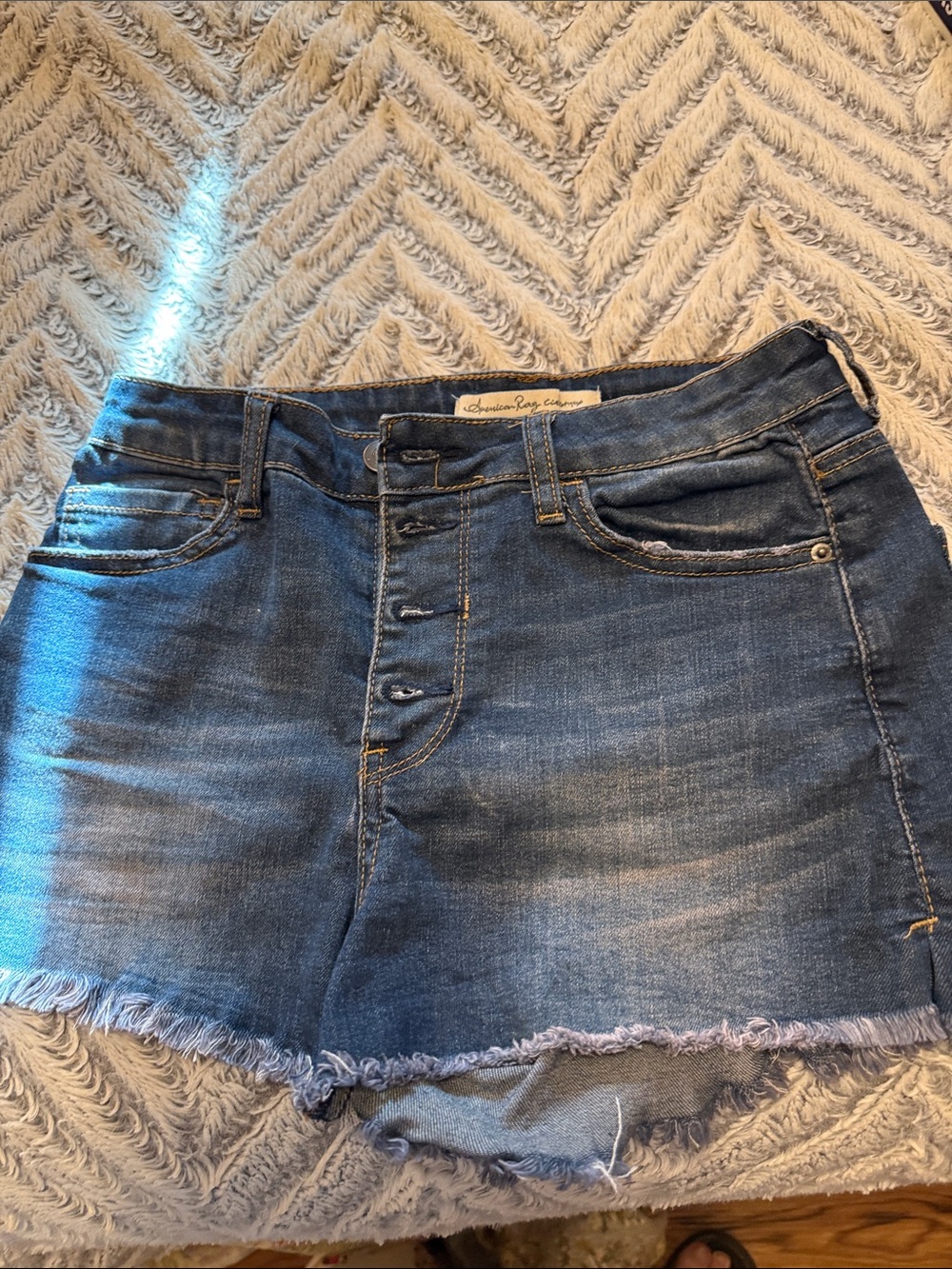 American Rag Washed Blue Denim Button-Front Mini Skirt with Frayed Hem